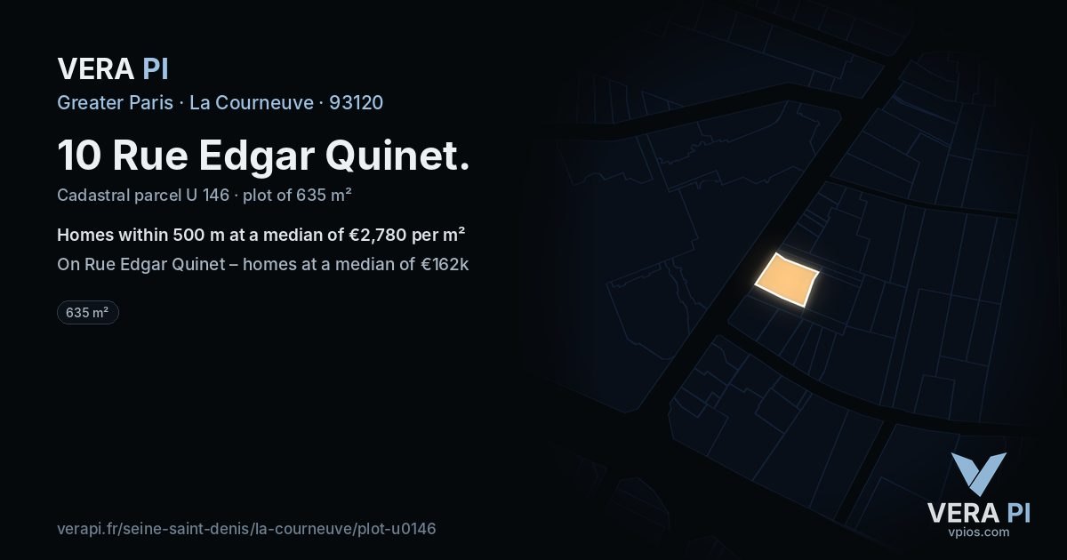 10 Rue Edgar Quinet, La Courneuve at night – the plot lit, the parcels around coloured by the prices near them