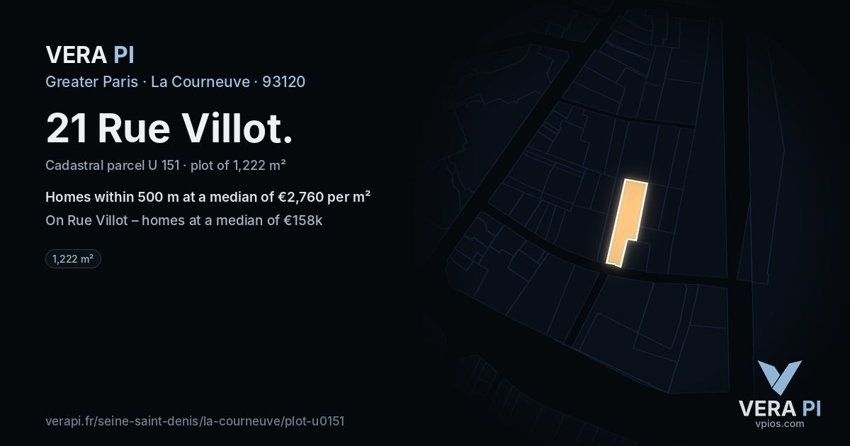 21 Rue Villot, La Courneuve at night – the plot lit, the parcels around coloured by the prices near them