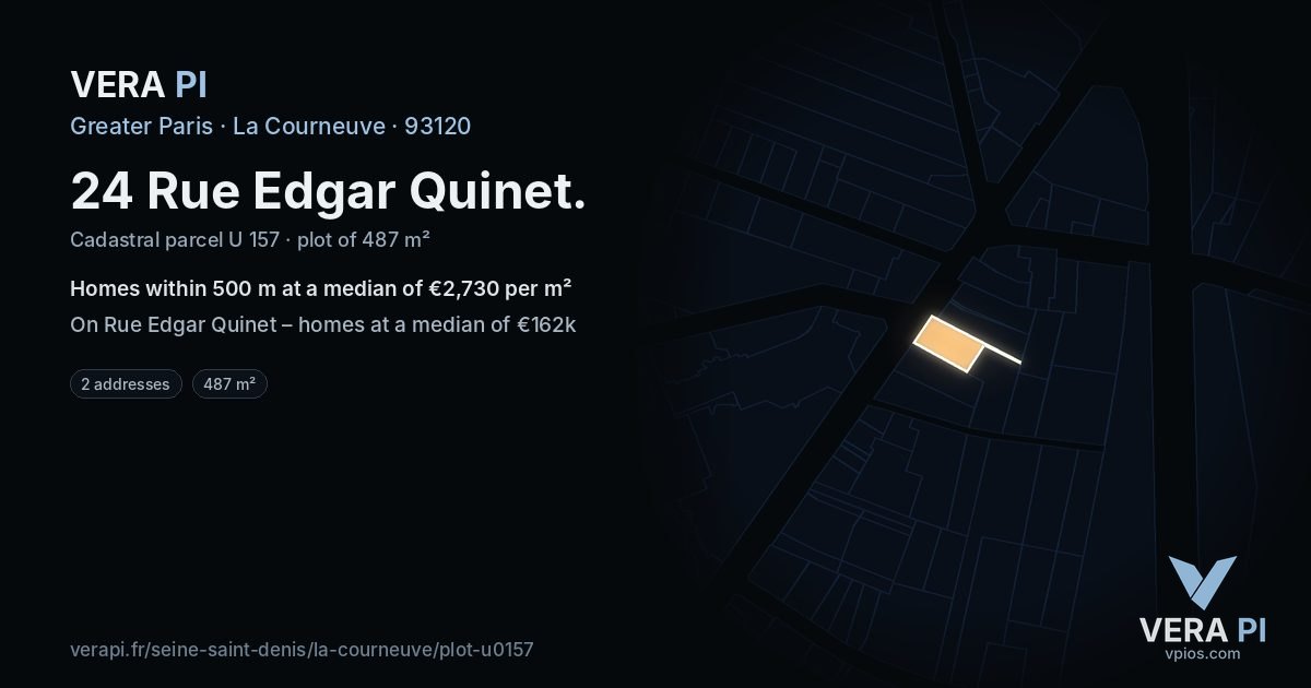 24 Rue Edgar Quinet, La Courneuve at night – the plot lit, the parcels around coloured by the prices near them