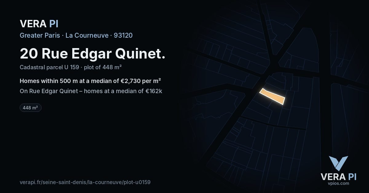 20 Rue Edgar Quinet, La Courneuve at night – the plot lit, the parcels around coloured by the prices near them