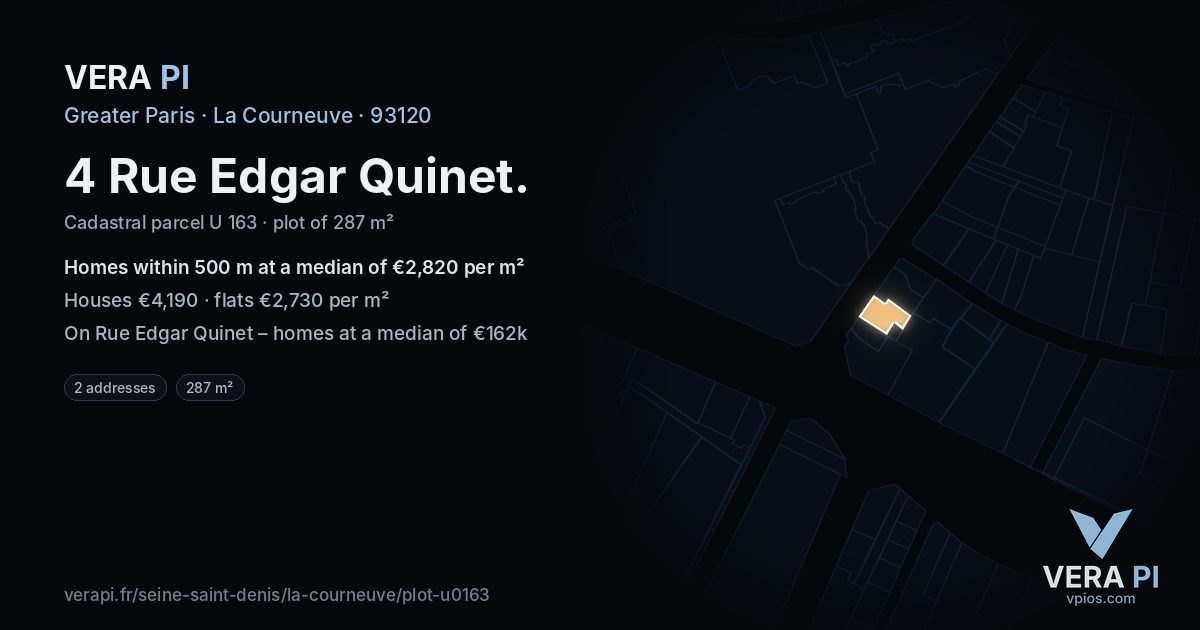 4 Rue Edgar Quinet, La Courneuve at night – the plot lit, the parcels around coloured by the prices near them