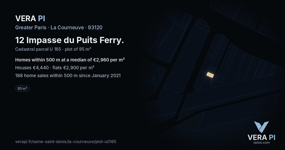 12 Impasse du Puits Ferry, La Courneuve at night – the plot lit, the parcels around coloured by the prices near them