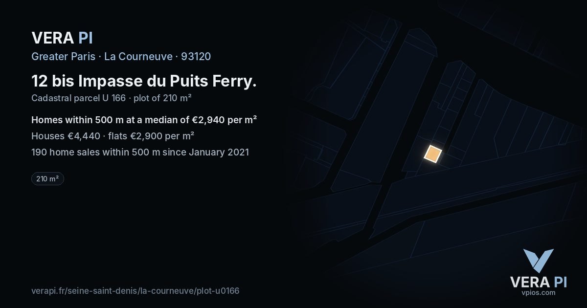 12 bis Impasse du Puits Ferry, La Courneuve at night – the plot lit, the parcels around coloured by the prices near them