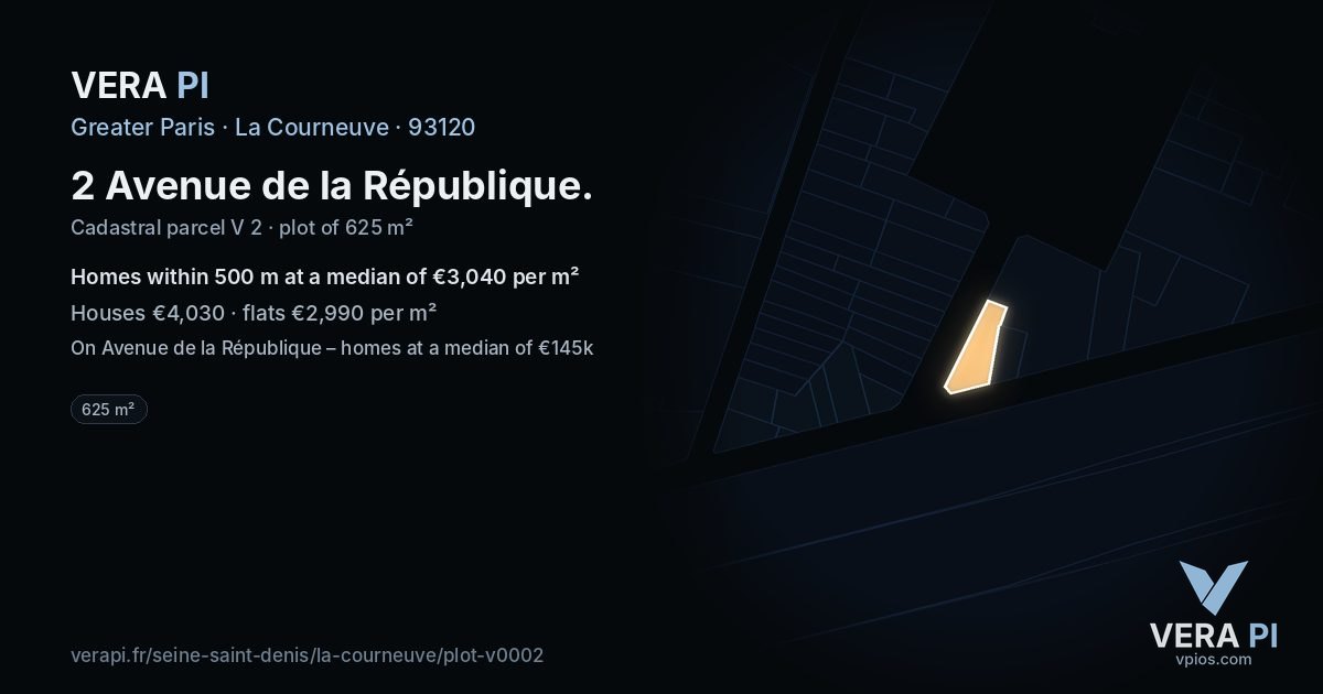 2 Avenue de la République, La Courneuve at night – the plot lit, the parcels around coloured by the prices near them