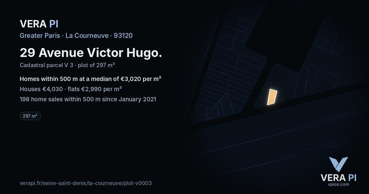 29 Avenue Victor Hugo, La Courneuve at night – the plot lit, the parcels around coloured by the prices near them