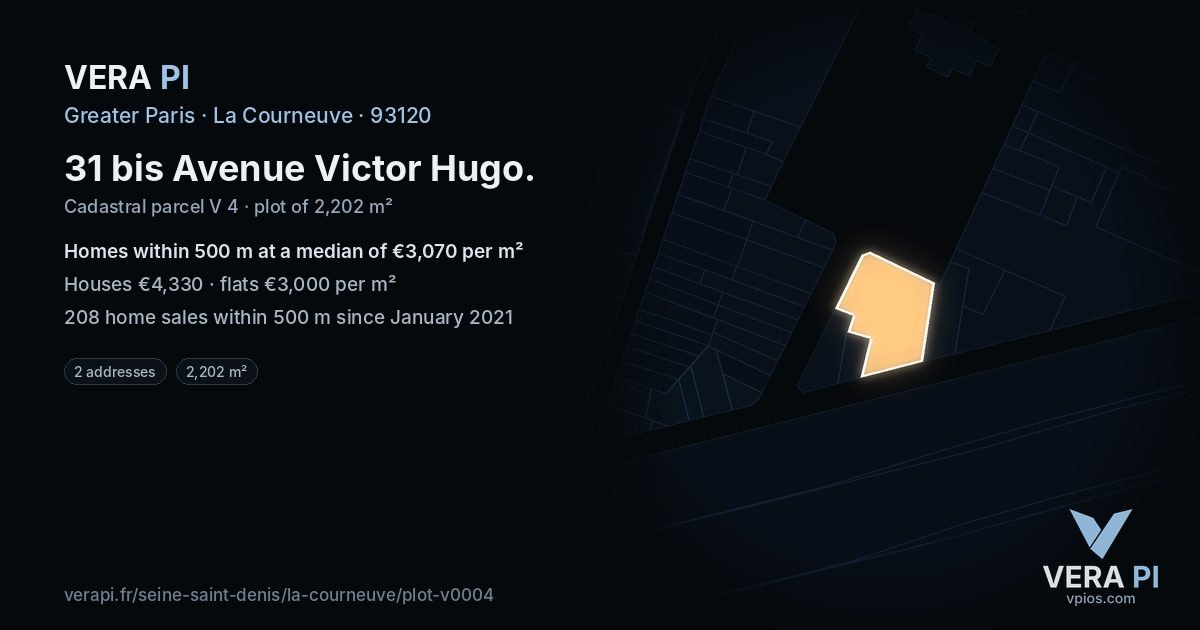 31 bis Avenue Victor Hugo, La Courneuve at night – the plot lit, the parcels around coloured by the prices near them