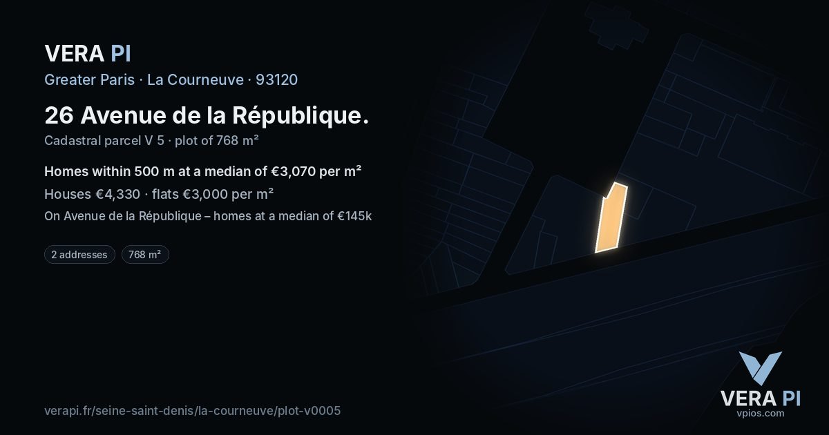 26 Avenue de la République, La Courneuve at night – the plot lit, the parcels around coloured by the prices near them