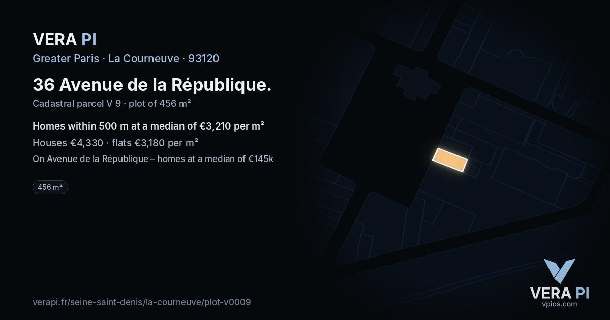 36 Avenue de la République, La Courneuve at night – the plot lit, the parcels around coloured by the prices near them