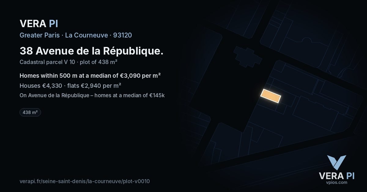 38 Avenue de la République, La Courneuve at night – the plot lit, the parcels around coloured by the prices near them