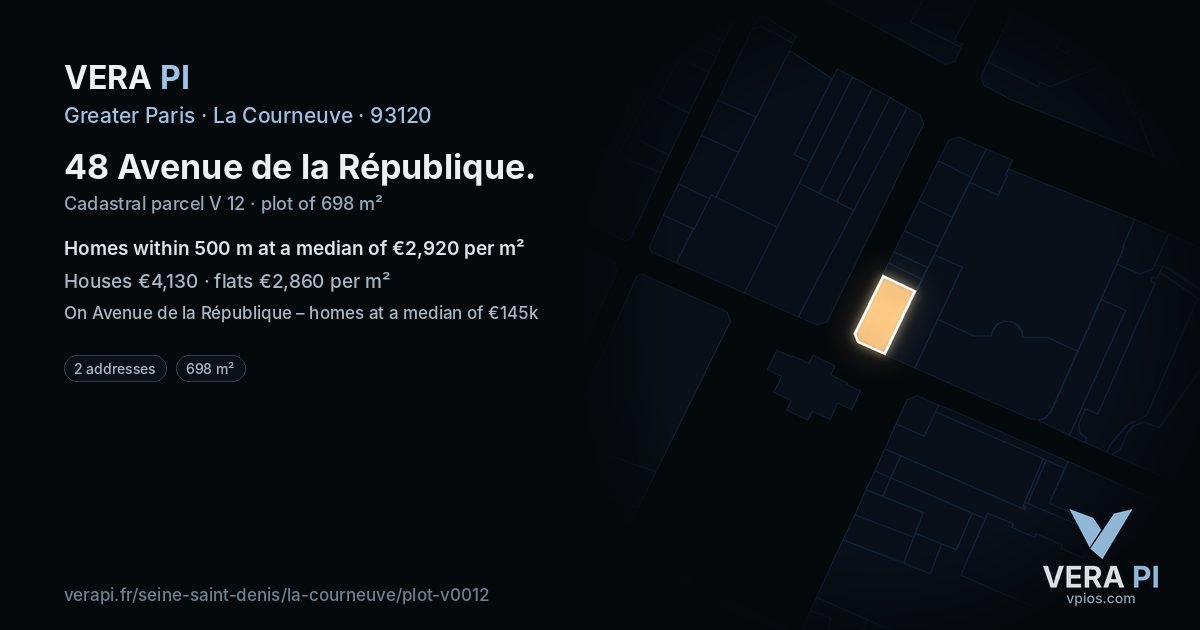 48 Avenue de la République, La Courneuve at night – the plot lit, the parcels around coloured by the prices near them