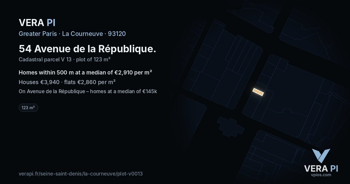 54 Avenue de la République, La Courneuve at night – the plot lit, the parcels around coloured by the prices near them