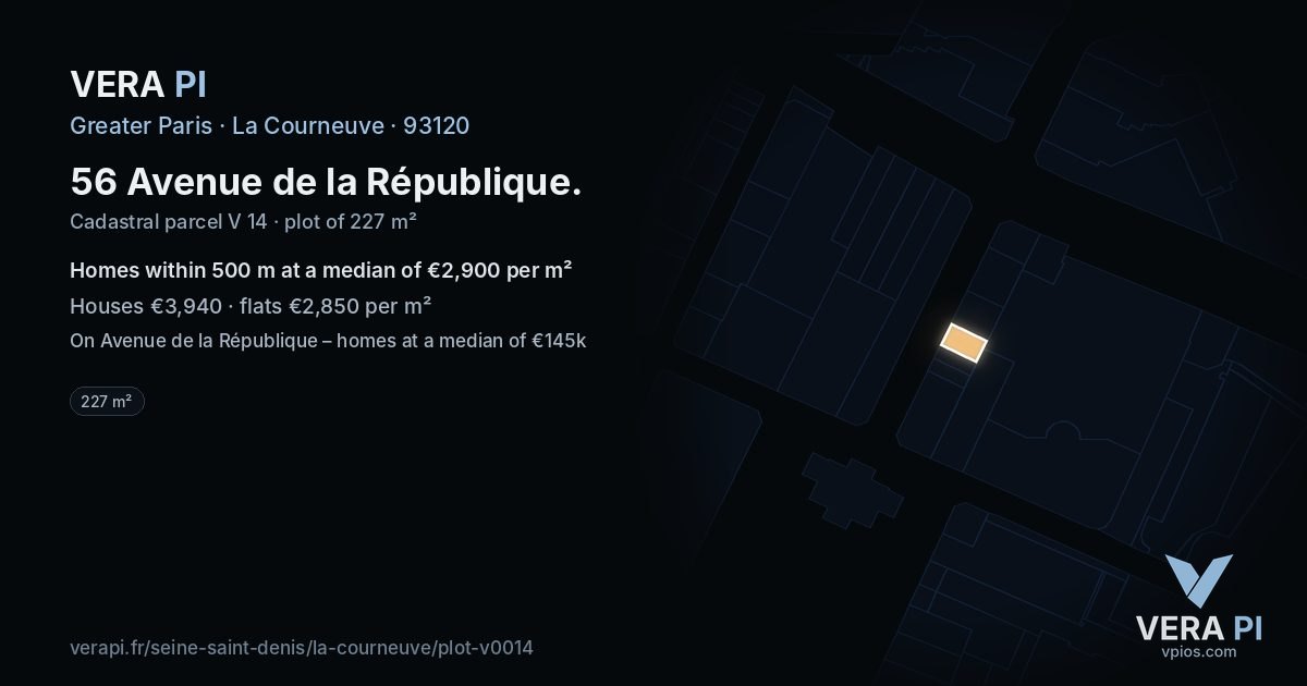 56 Avenue de la République, La Courneuve at night – the plot lit, the parcels around coloured by the prices near them