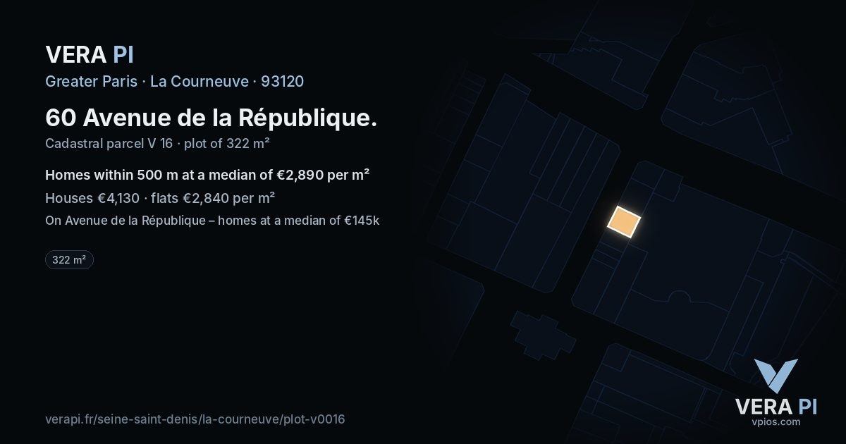 60 Avenue de la République, La Courneuve at night – the plot lit, the parcels around coloured by the prices near them