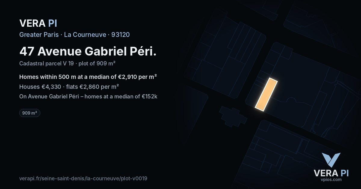 47 Avenue Gabriel Péri, La Courneuve at night – the plot lit, the parcels around coloured by the prices near them