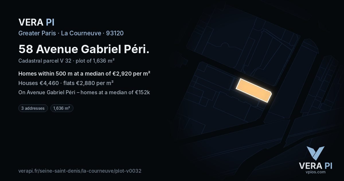 58 Avenue Gabriel Péri, La Courneuve at night – the plot lit, the parcels around coloured by the prices near them