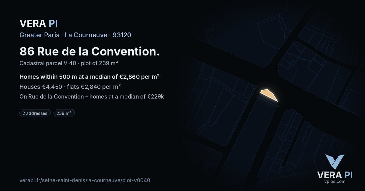 86 Rue de la Convention, La Courneuve at night – the plot lit, the parcels around coloured by the prices near them
