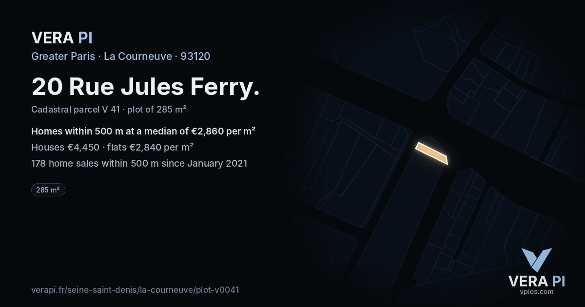20 Rue Jules Ferry, La Courneuve at night – the plot lit, the parcels around coloured by the prices near them