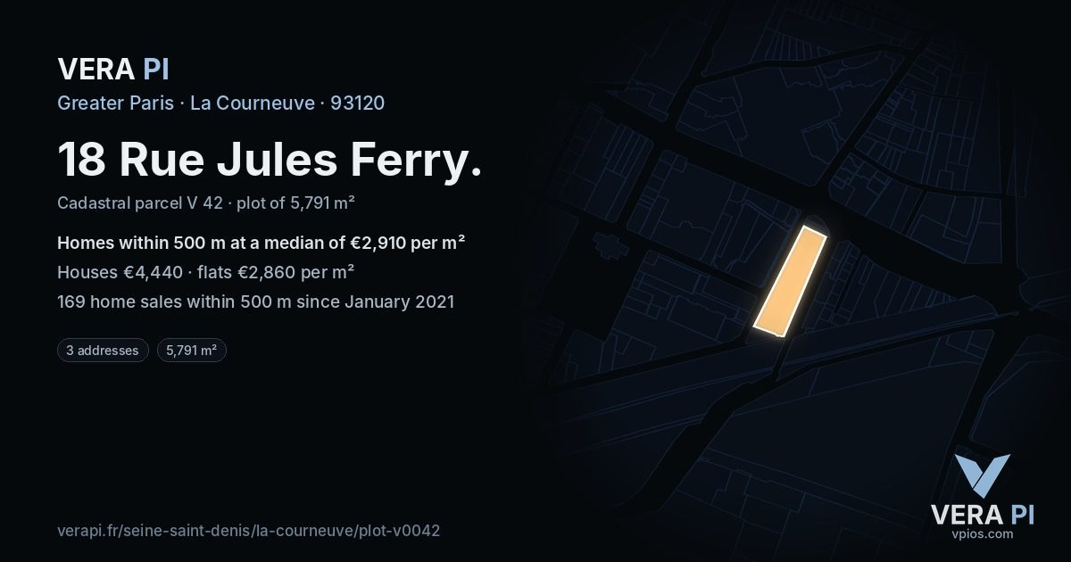 18 Rue Jules Ferry, La Courneuve at night – the plot lit, the parcels around coloured by the prices near them
