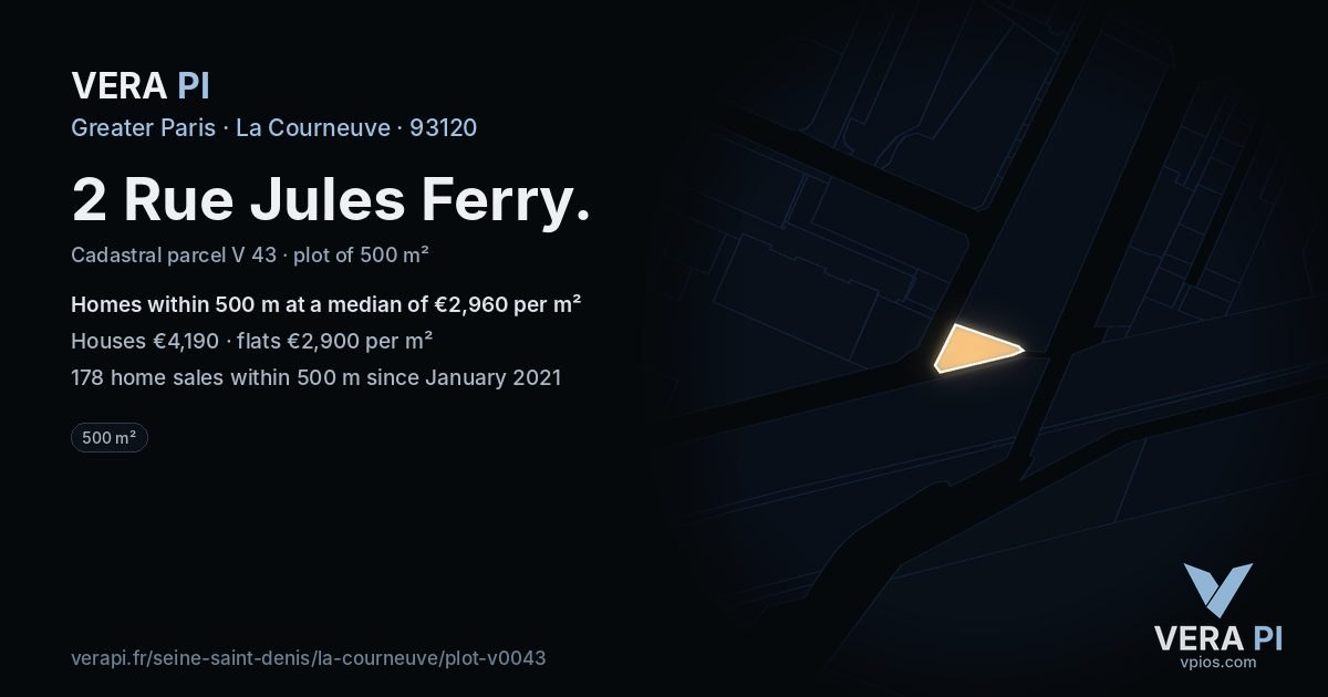 2 Rue Jules Ferry, La Courneuve at night – the plot lit, the parcels around coloured by the prices near them
