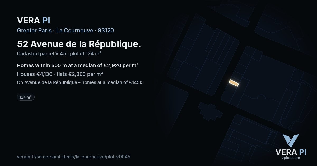 52 Avenue de la République, La Courneuve at night – the plot lit, the parcels around coloured by the prices near them