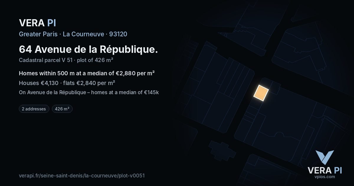 64 Avenue de la République, La Courneuve at night – the plot lit, the parcels around coloured by the prices near them