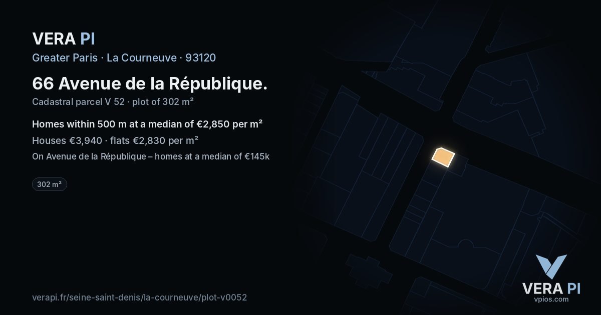 66 Avenue de la République, La Courneuve at night – the plot lit, the parcels around coloured by the prices near them