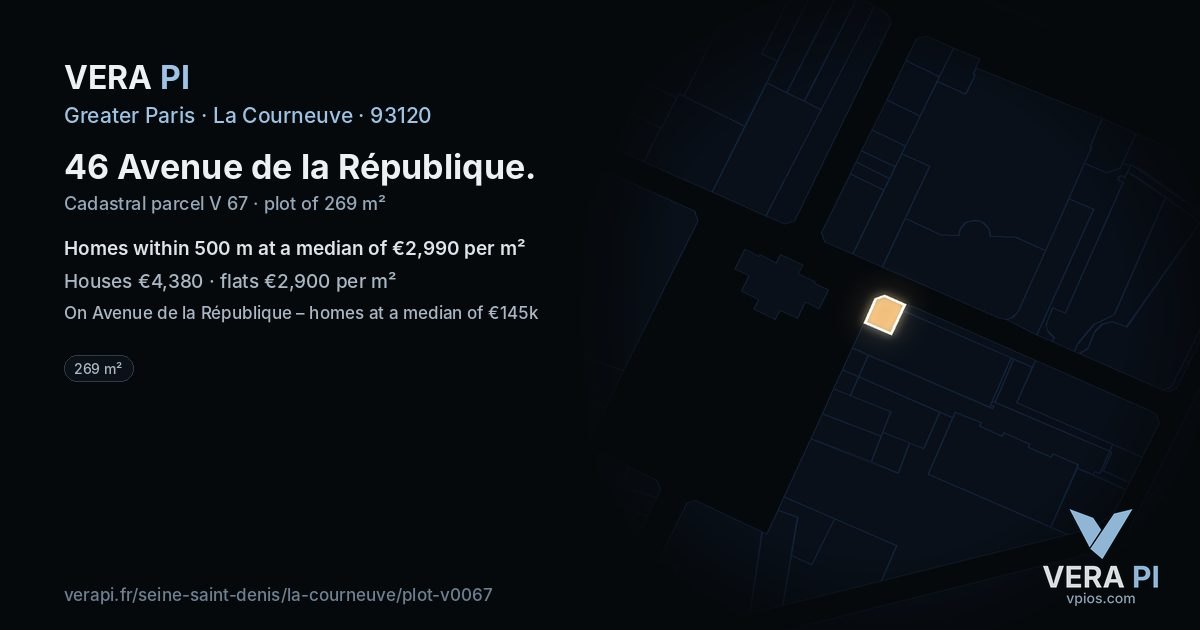 46 Avenue de la République, La Courneuve at night – the plot lit, the parcels around coloured by the prices near them
