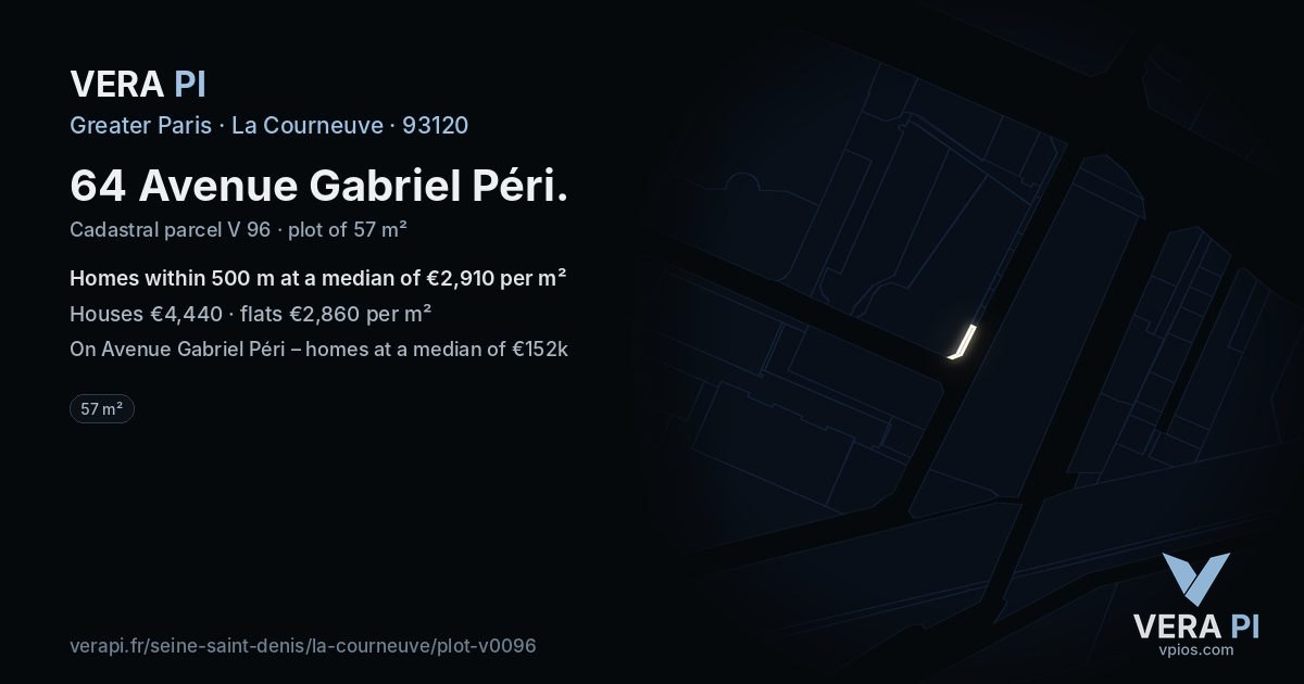 64 Avenue Gabriel Péri, La Courneuve at night – the plot lit, the parcels around coloured by the prices near them