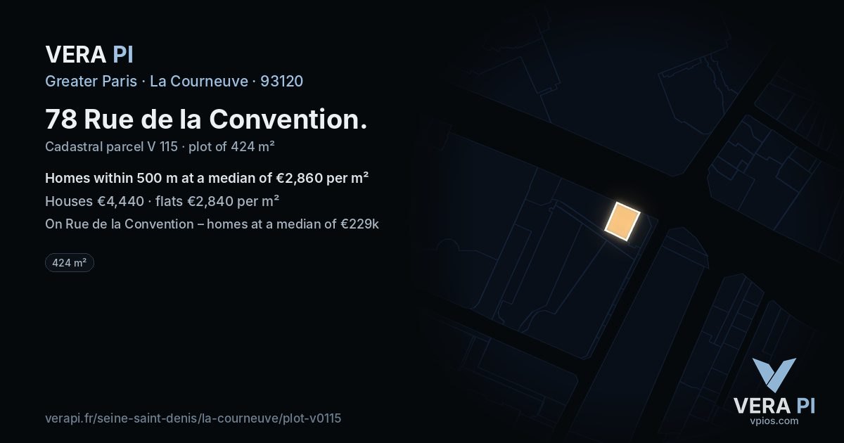 78 Rue de la Convention, La Courneuve at night – the plot lit, the parcels around coloured by the prices near them