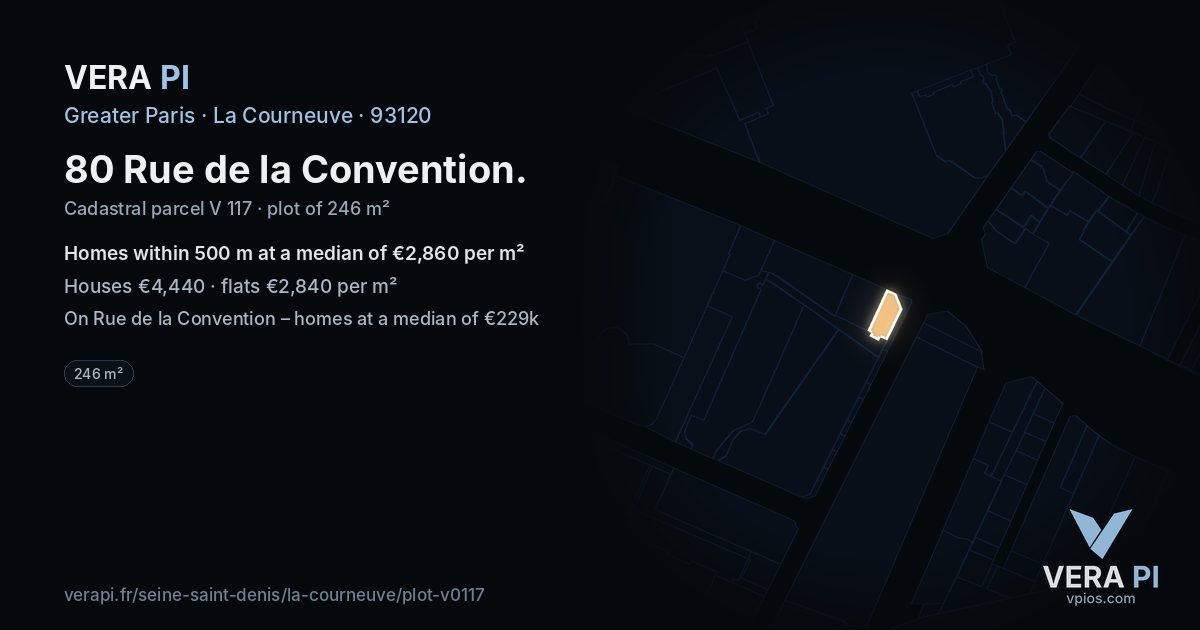 80 Rue de la Convention, La Courneuve at night – the plot lit, the parcels around coloured by the prices near them