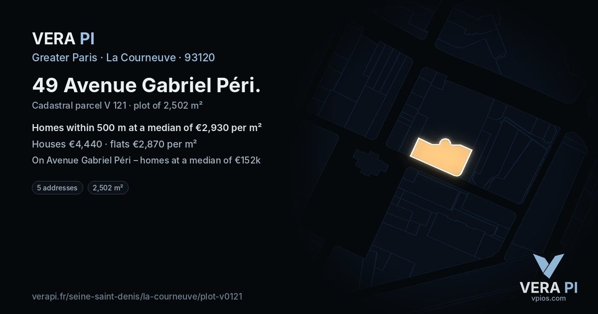 49 Avenue Gabriel Péri, La Courneuve at night – the plot lit, the parcels around coloured by the prices near them