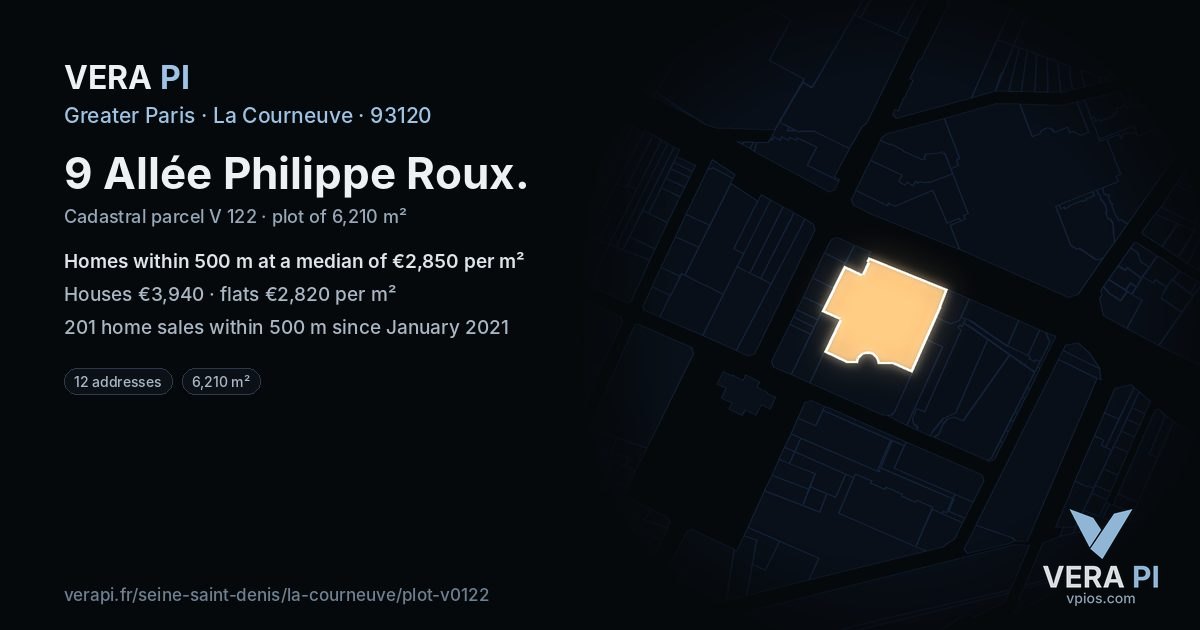 9 Allée Philippe Roux, La Courneuve at night – the plot lit, the parcels around coloured by the prices near them
