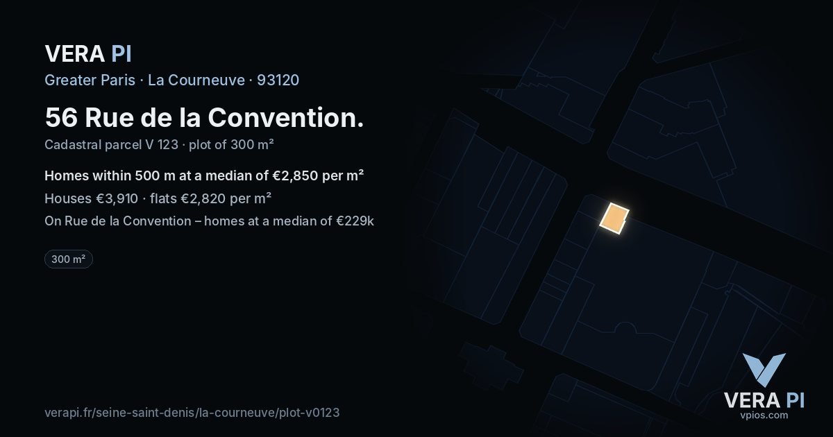 56 Rue de la Convention, La Courneuve at night – the plot lit, the parcels around coloured by the prices near them