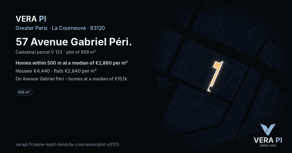 57 Avenue Gabriel Péri, La Courneuve at night – the plot lit, the parcels around coloured by the prices near them