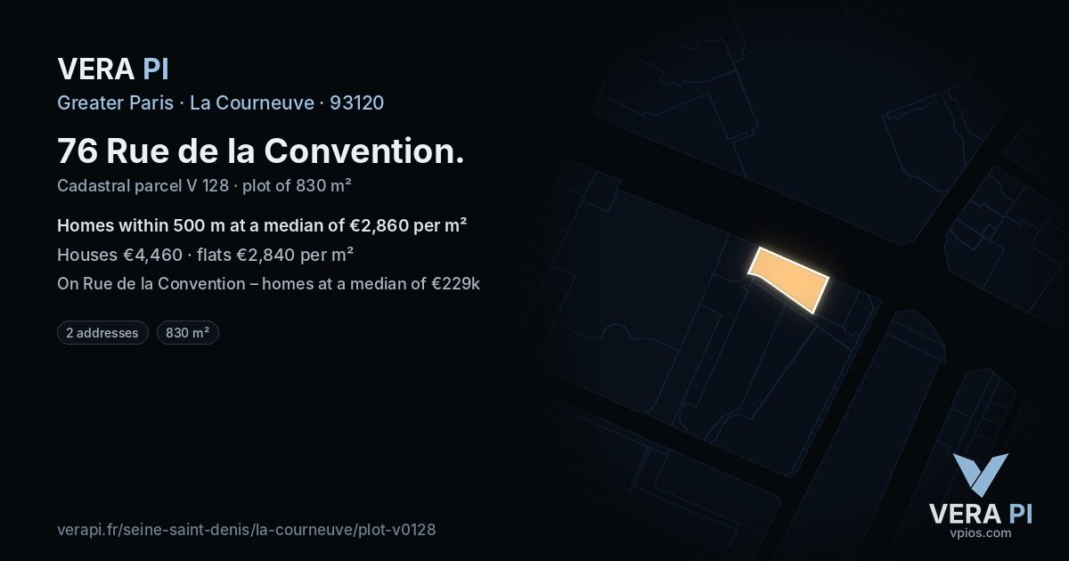 76 Rue de la Convention, La Courneuve at night – the plot lit, the parcels around coloured by the prices near them