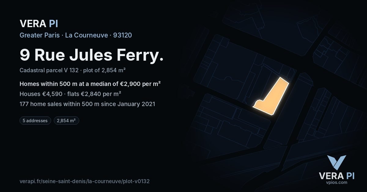 9 Rue Jules Ferry, La Courneuve at night – the plot lit, the parcels around coloured by the prices near them