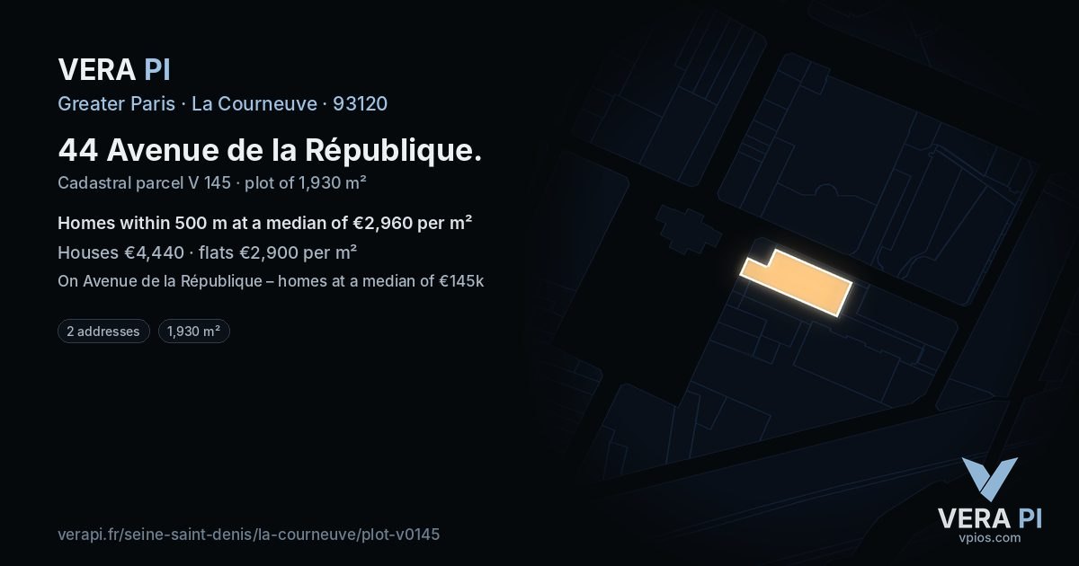 44 Avenue de la République, La Courneuve at night – the plot lit, the parcels around coloured by the prices near them