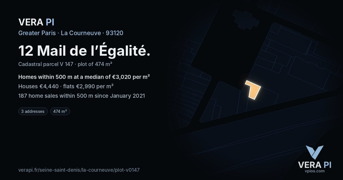 12 Mail de l’Égalité, La Courneuve at night – the plot lit, the parcels around coloured by the prices near them