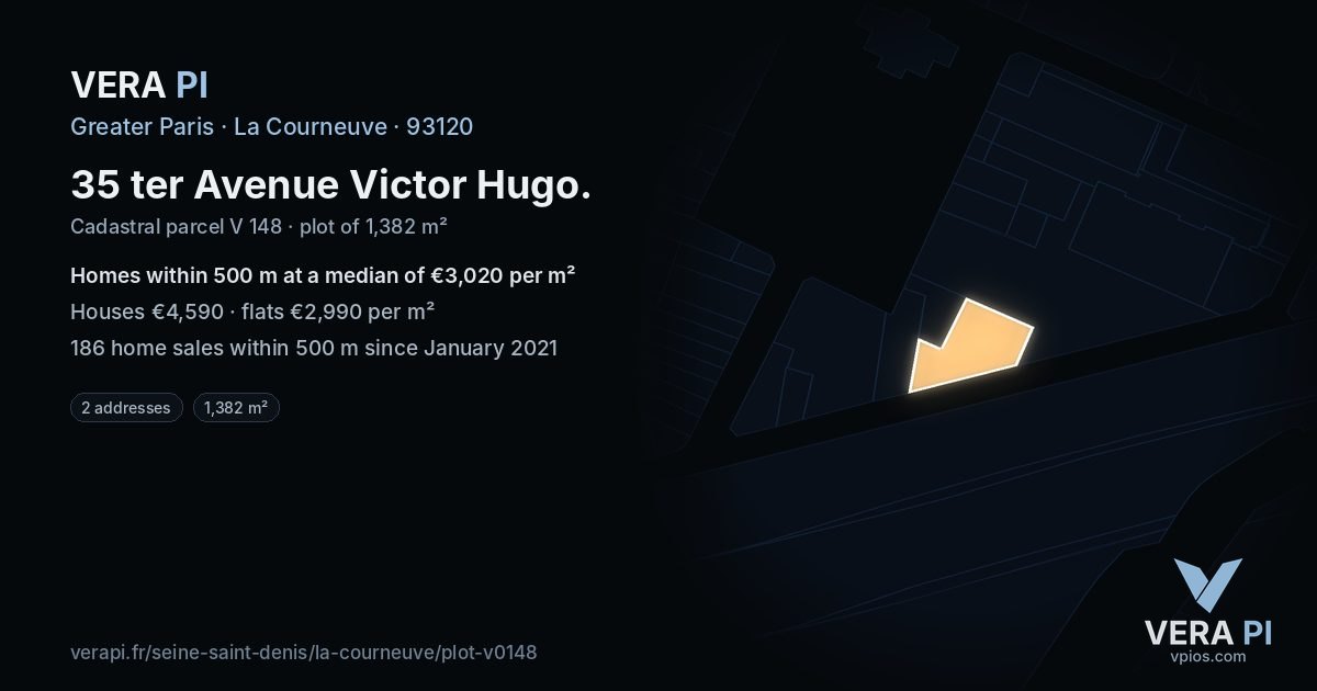 35 ter Avenue Victor Hugo, La Courneuve at night – the plot lit, the parcels around coloured by the prices near them