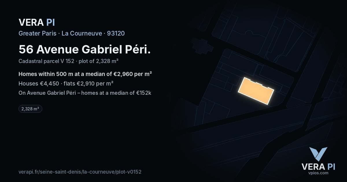 56 Avenue Gabriel Péri, La Courneuve at night – the plot lit, the parcels around coloured by the prices near them