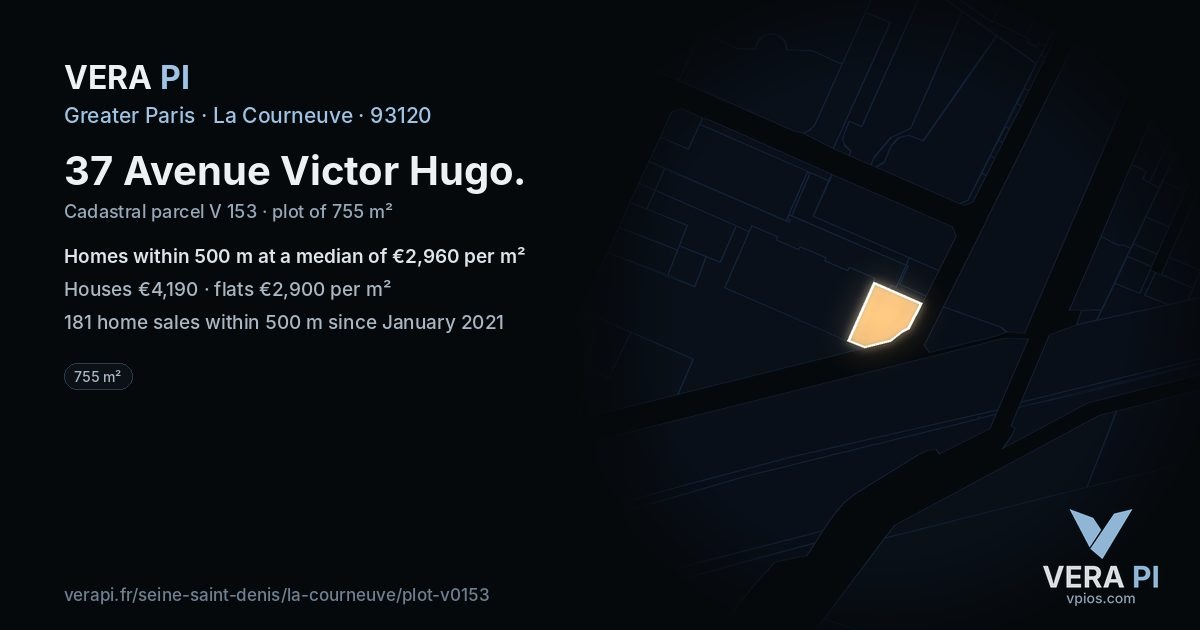 37 Avenue Victor Hugo, La Courneuve at night – the plot lit, the parcels around coloured by the prices near them