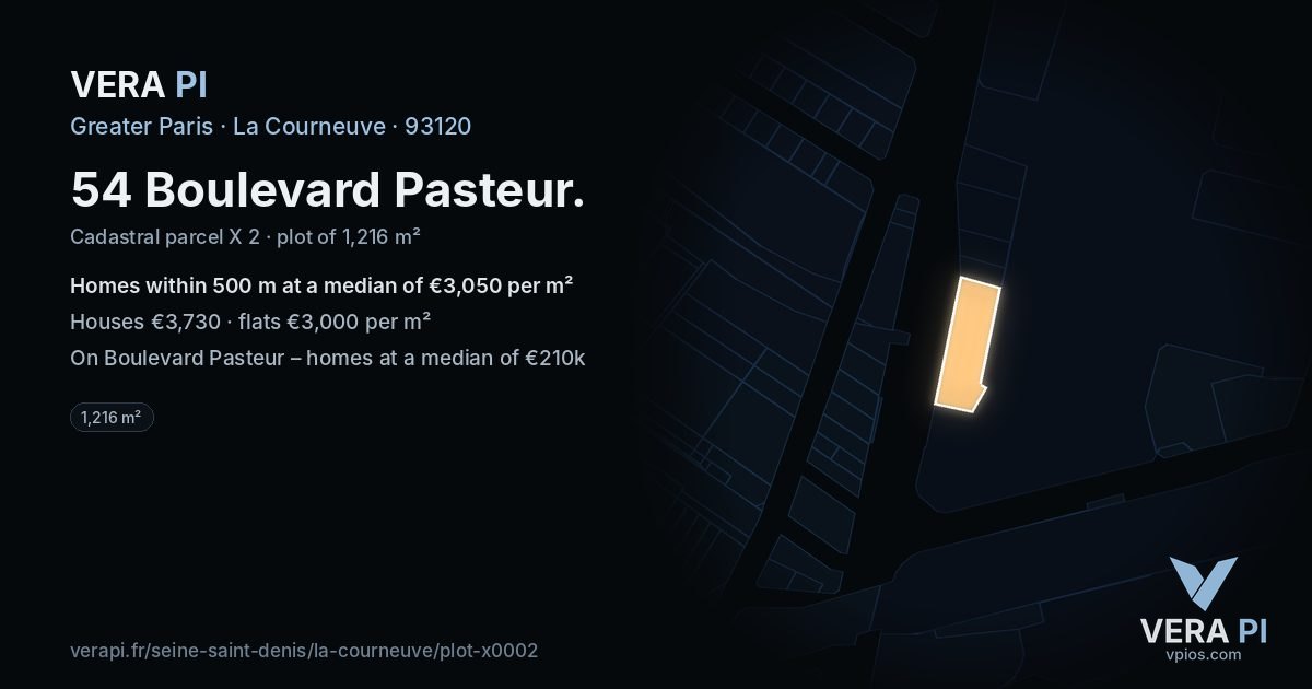54 Boulevard Pasteur, La Courneuve at night – the plot lit, the parcels around coloured by the prices near them