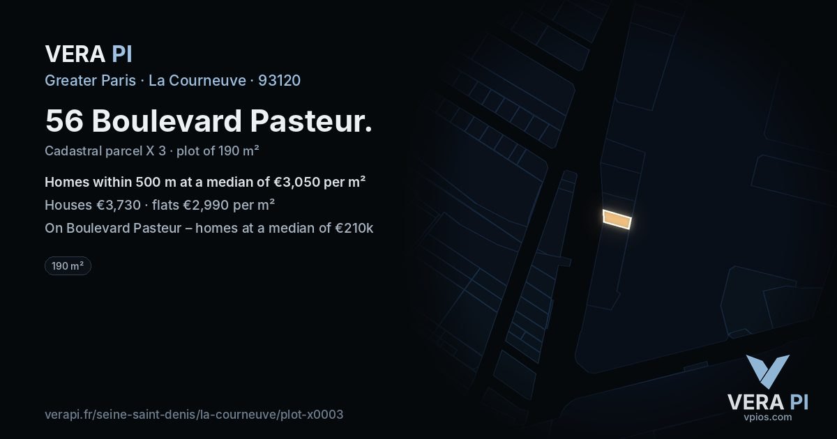 56 Boulevard Pasteur, La Courneuve at night – the plot lit, the parcels around coloured by the prices near them