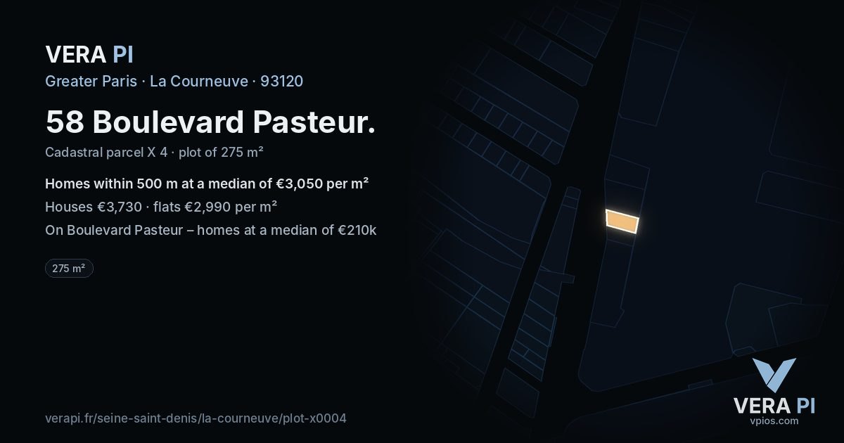 58 Boulevard Pasteur, La Courneuve at night – the plot lit, the parcels around coloured by the prices near them