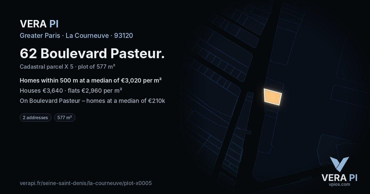 62 Boulevard Pasteur, La Courneuve at night – the plot lit, the parcels around coloured by the prices near them