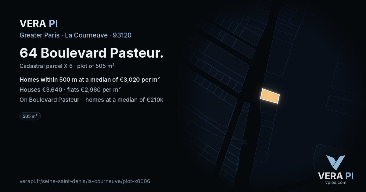 64 Boulevard Pasteur, La Courneuve at night – the plot lit, the parcels around coloured by the prices near them