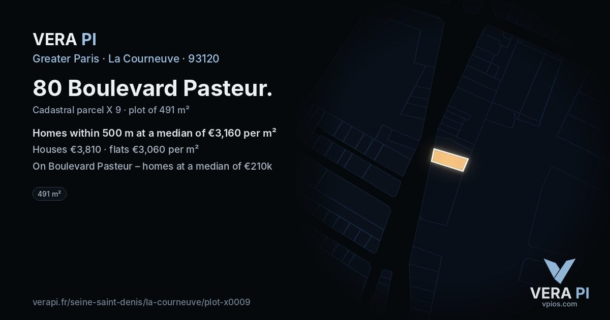 80 Boulevard Pasteur, La Courneuve at night – the plot lit, the parcels around coloured by the prices near them