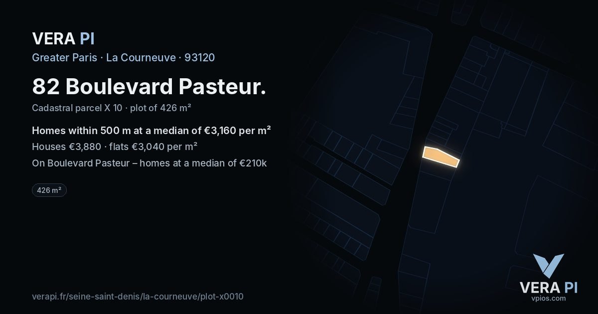 82 Boulevard Pasteur, La Courneuve at night – the plot lit, the parcels around coloured by the prices near them