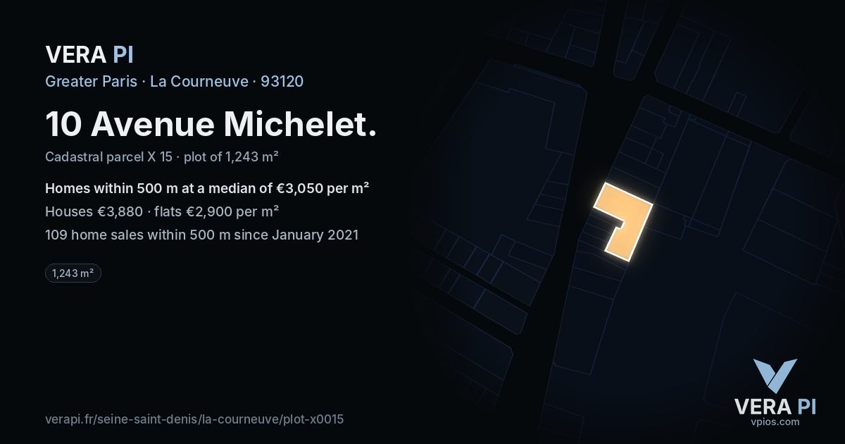 10 Avenue Michelet, La Courneuve at night – the plot lit, the parcels around coloured by the prices near them