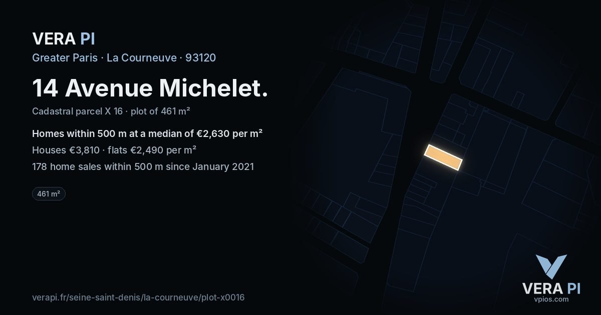 14 Avenue Michelet, La Courneuve at night – the plot lit, the parcels around coloured by the prices near them